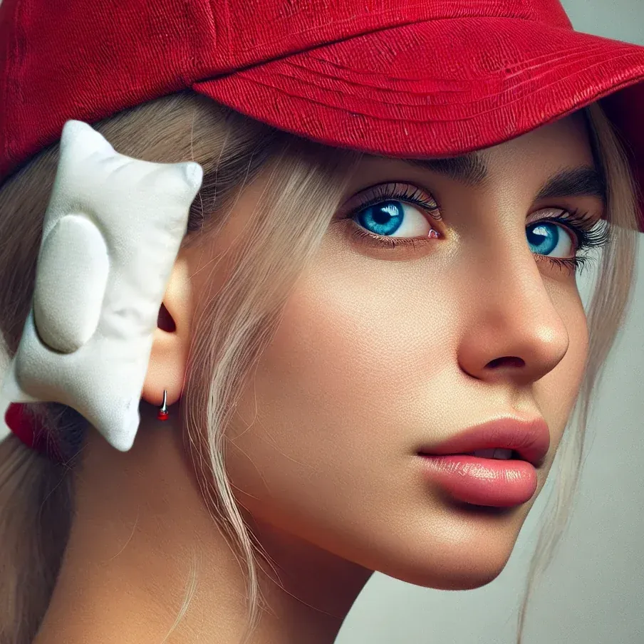 A blonde-haired, blue-eyed man in his 30s or 40s, wearing a red baseball cap, with the right side of his face showing toward the camera. A very small, but extremely classy, tiny white pillow can be seen over his right ear. The background is neutral, focusing on the man and the pillow.