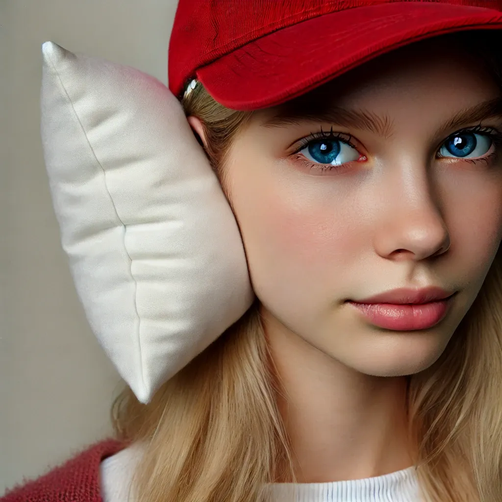 A young blonde-haired woman in her early 20s with blue eyes, wearing a red baseball cap, with the right side of her face showing toward the camera. A smallish white pillow can be seen over her right ear, covering all but the tip of the ear and some of the side of her face. The background is neutral, focusing on the woman and the pillow.